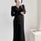 Autumn Winter Maternity Dress, V-Neck Knitted Long Dress for Pregnancy with Fishtail Pleated Hem, Single-Breasted Design