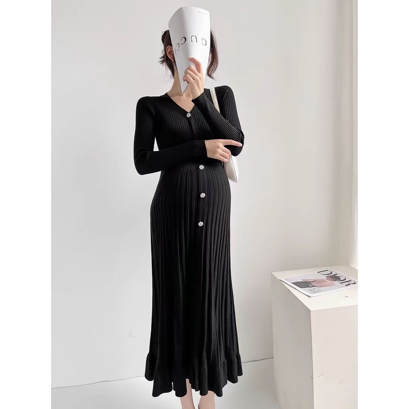 Autumn Winter Maternity Dress, V-Neck Knitted Long Dress for Pregnancy with Fishtail Pleated Hem, Single-Breasted Design