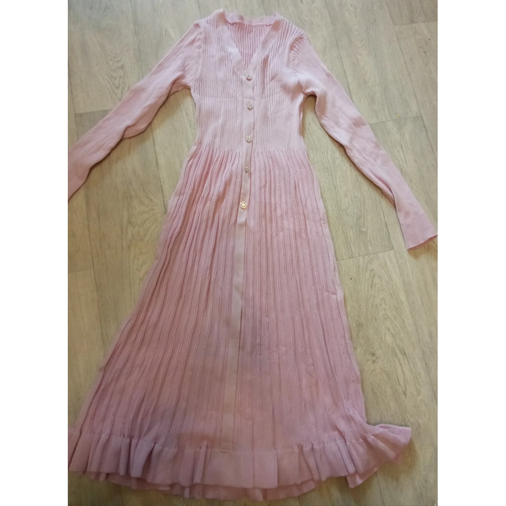 Autumn Winter Maternity Dress, V-Neck Knitted Long Dress for Pregnancy with Fishtail Pleated Hem, Single-Breasted Design