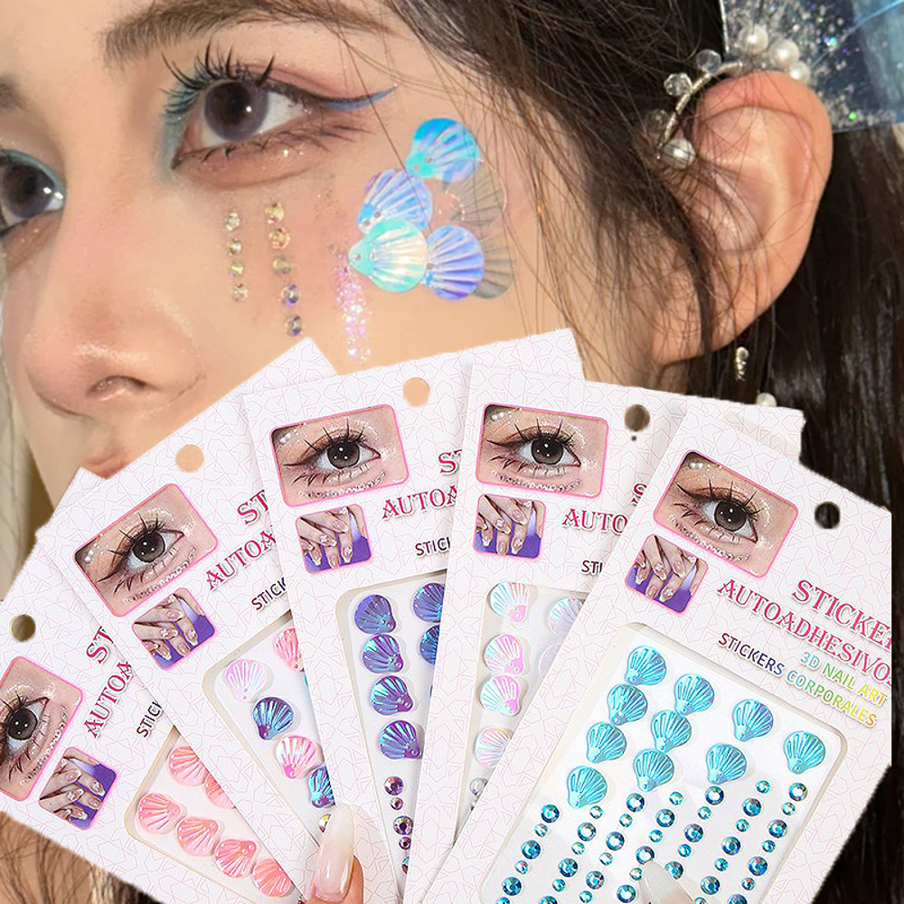 3D Dreamy Shell Crystal Diamond Patch, Mermaid Face Gems, Temporary Tattoo Stickers, Self-adhesive Body Art Decoration