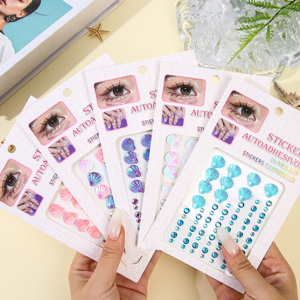 3D Dreamy Shell Crystal Diamond Patch, Mermaid Face Gems, Temporary Tattoo Stickers, Self-adhesive Body Art Decoration