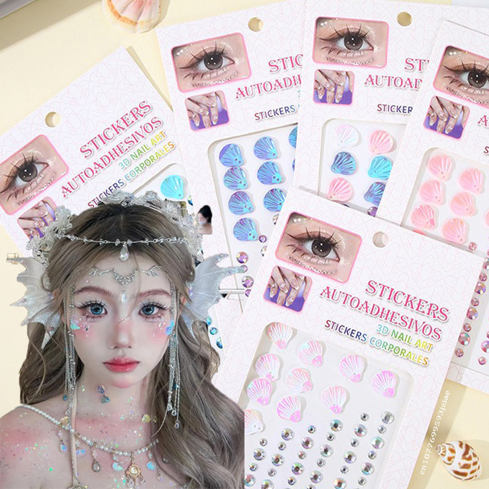 3D Dreamy Shell Crystal Diamond Patch, Mermaid Face Gems, Temporary Tattoo Stickers, Self-adhesive Body Art Decoration