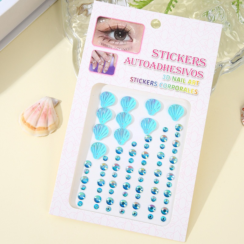 3D Dreamy Shell Crystal Diamond Patch, Mermaid Face Gems, Temporary Tattoo Stickers, Self-adhesive Body Art Decoration