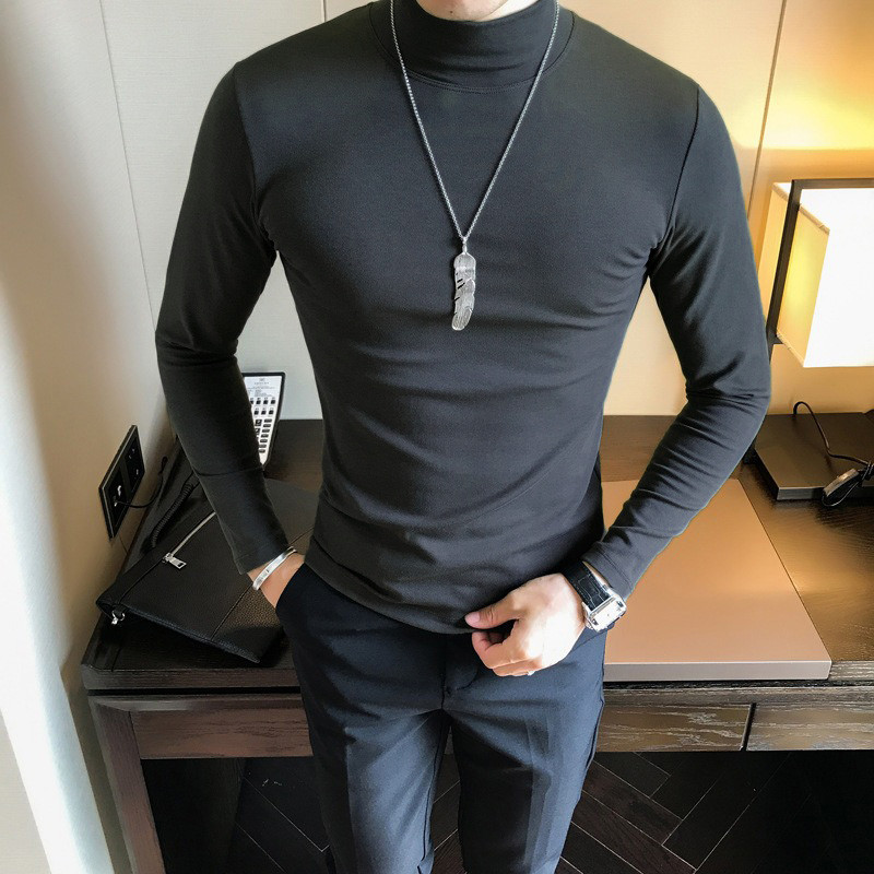 Mens Slim Fit Long Sleeve Turtleneck High Elastic Basic Pullover Solid Color Bottoming Shirt 2