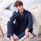 Cozy Mens Plaid, Solid Pajama Set, Long-Sleeve Lapel Top with Pocket, Breathable Long Pant Loungewear