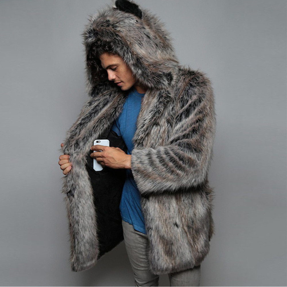 Mens Faux Fur Coat Plush Fluffy Jacket Long Sleeve Hooded Parka Thick Warm Winter Wear Casual Snow 1