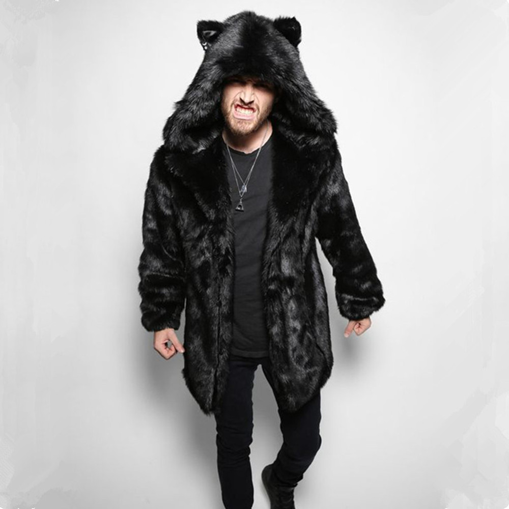 Mens Faux Fur Coat Plush Fluffy Jacket Long Sleeve Hooded Parka Thick Warm Winter Wear Casual Snow 5