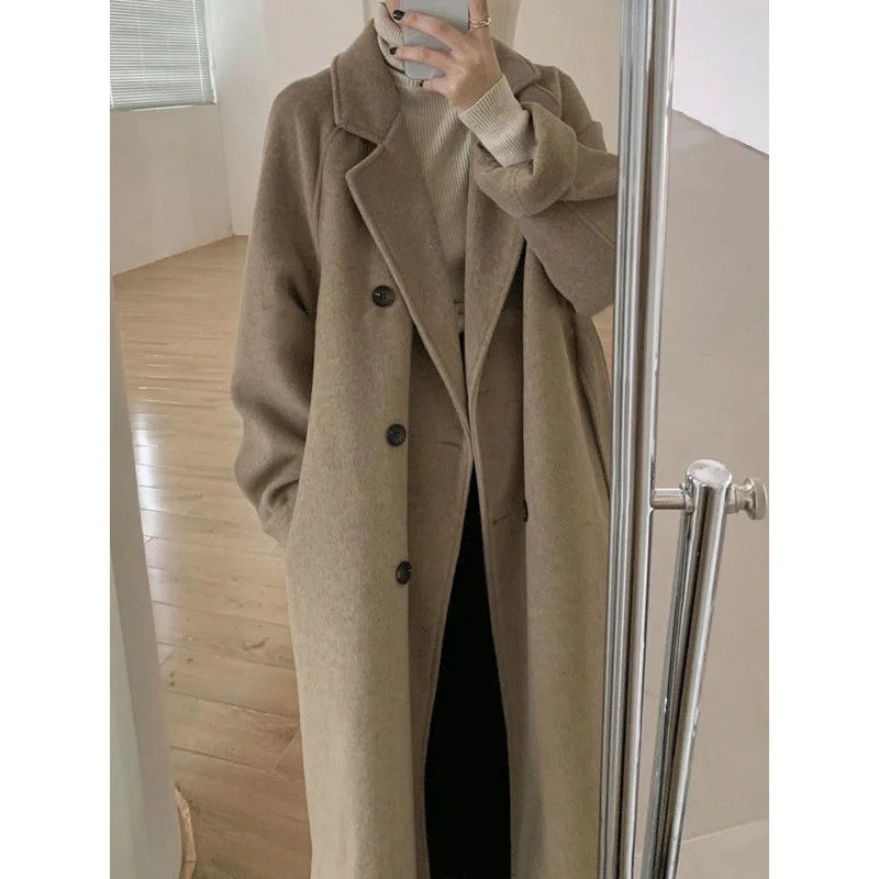 Elegant Women's Woolen Coat, Autumn Winter Mid Length Hepburn Style, Loose Fit Thickened Outerwear