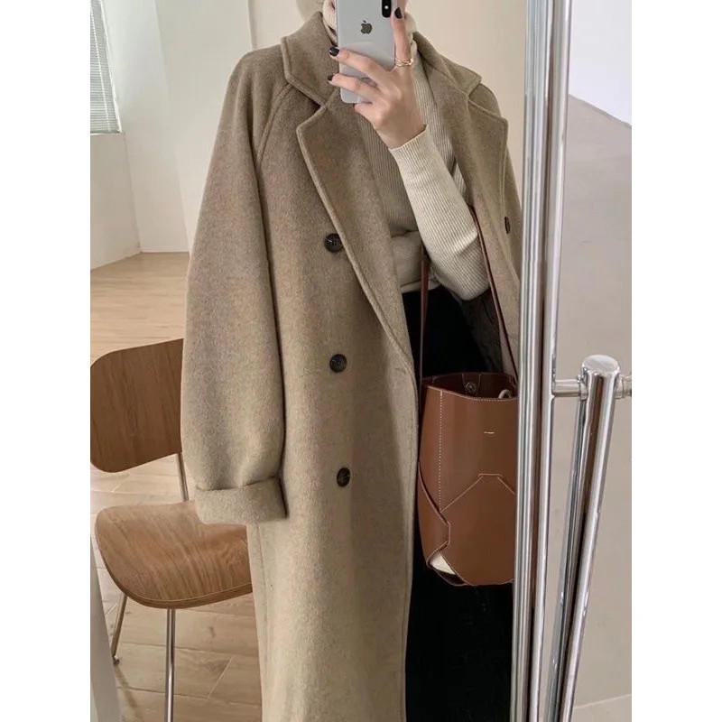 Elegant Women's Woolen Coat, Autumn Winter Mid Length Hepburn Style, Loose Fit Thickened Outerwear