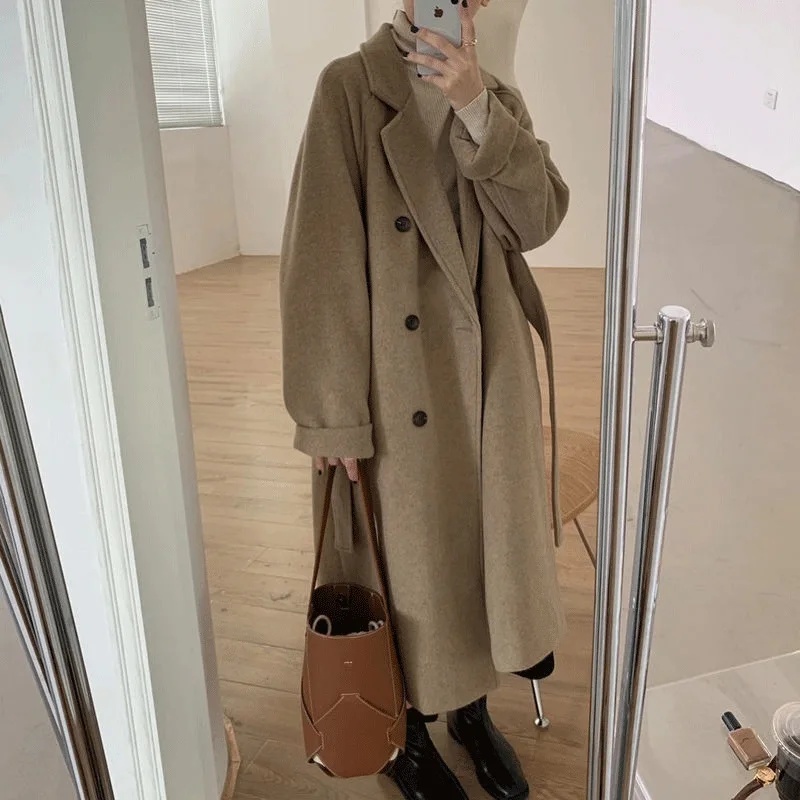 Elegant Women's Woolen Coat, Autumn Winter Mid Length Hepburn Style, Loose Fit Thickened Outerwear