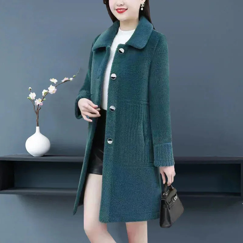 Luxurious Winter Lamb Fur Jacket, Thickened Long Woolen Coat, Fashionable Polyester Design for Mothers and Women