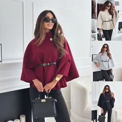 elegant womens tweed poncho coat, batwing sleeves, single buckle, thick warm winter outwear, loose fit