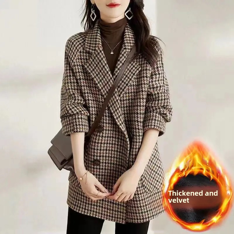 Womens Thousand Birds Plaid Woolen Jacket Autumn Winter New Style Fleece Lined Medium Length Overco