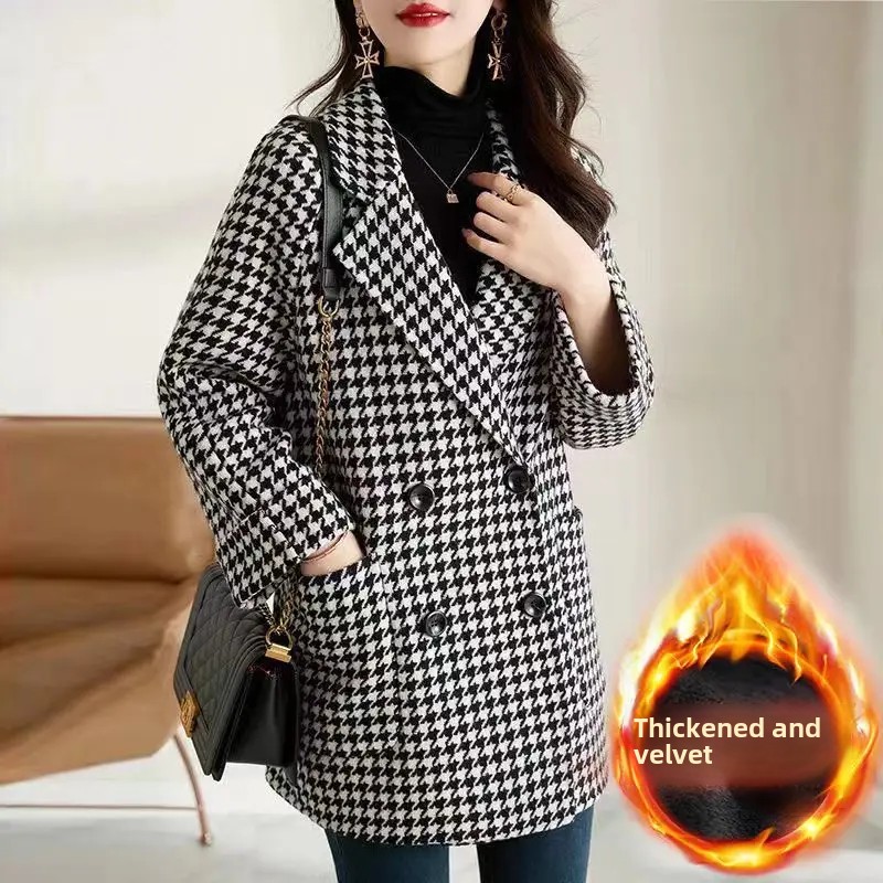 Womens Thousand Birds Plaid Woolen Jacket Autumn Winter New Style Fleece Lined Medium Length Overco