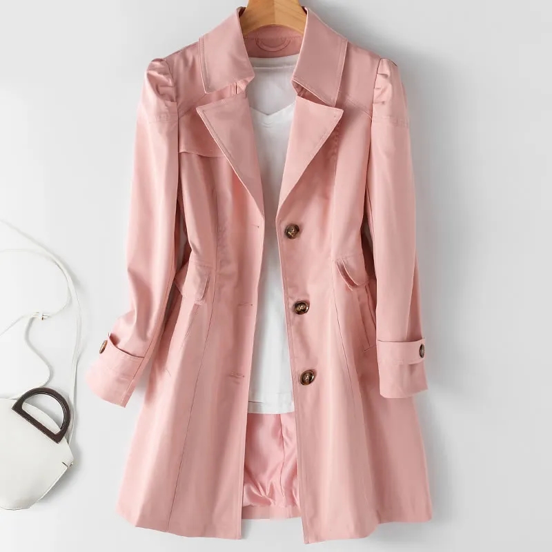 Elegant Korean Trench Coat for Women, New Double Breasted Overcoat, Mid Long Windbreaker Outerwear for Spring, Autumn