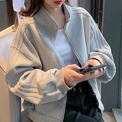 women's short sweatshirt jacket, versatile loose fit casual style, three stripe autumn winter jacket