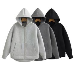 women's autumn gray jacket, hooded long sleeve coat, loose fit casual outerwear with big pockets