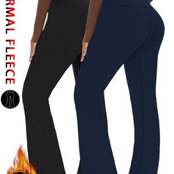 2 pack womens fleece lined flare leggings, high waisted tummy control, super soft bootcut pants for yoga, casual outfits