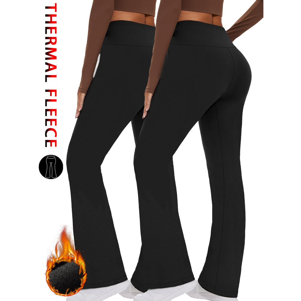2 Pack Womens Fleece Lined Flare Leggings, High Waisted Tummy Control, Super Soft Bootcut Pants for Yoga, Casual Outfits