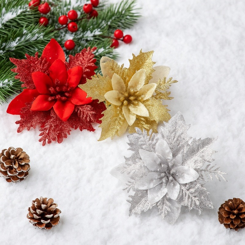 Pink Red Gold Glitter Artificial Flowers, Christmas Tree Ornaments, Xmas Home Decoration