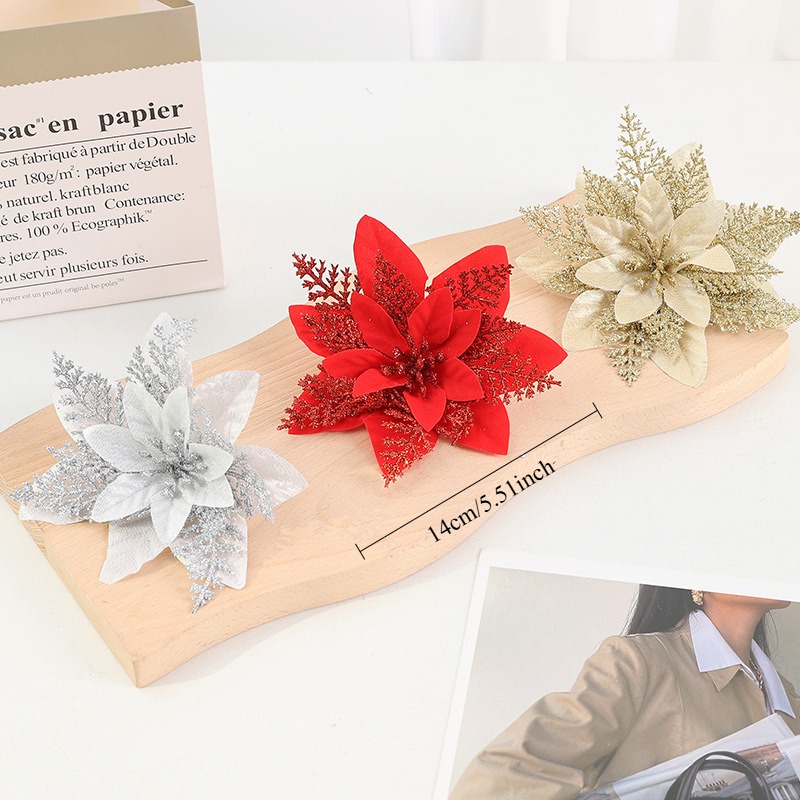 Pink Red Gold Glitter Artificial Flowers, Christmas Tree Ornaments, Xmas Home Decoration