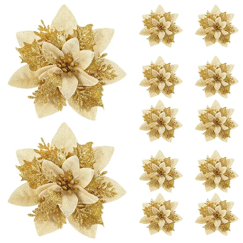 Pink Red Gold Glitter Artificial Flowers, Christmas Tree Ornaments, Xmas Home Decoration