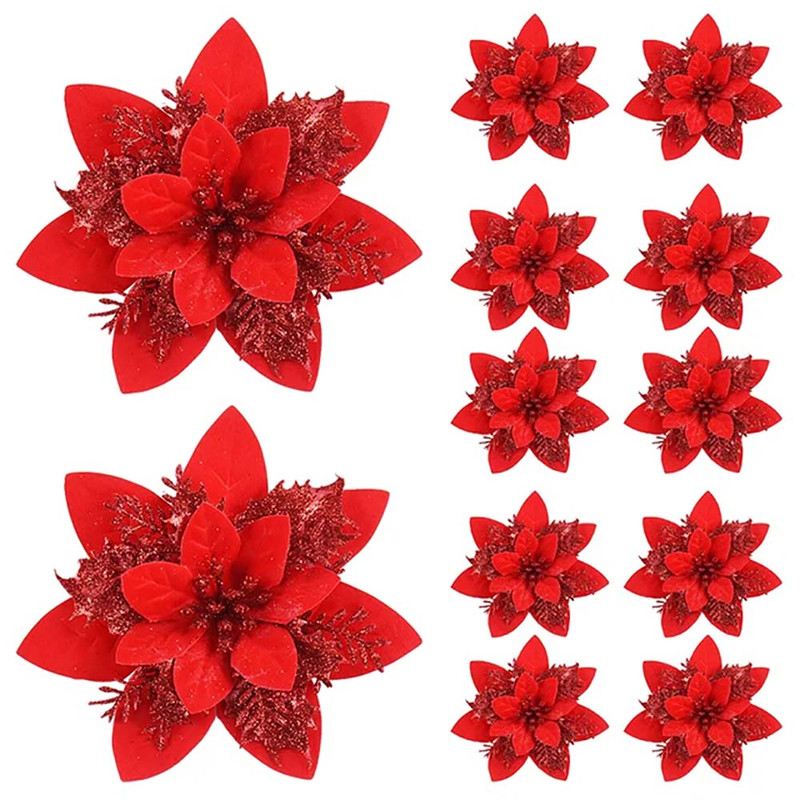 Pink Red Gold Glitter Artificial Flowers, Christmas Tree Ornaments, Xmas Home Decoration