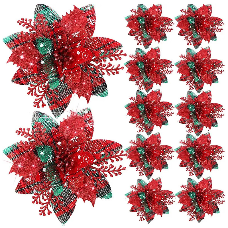 Artificial Flower Ornaments, Glitter Pink Christmas Flowers, Xmas Tree Decoration for Home and New Year