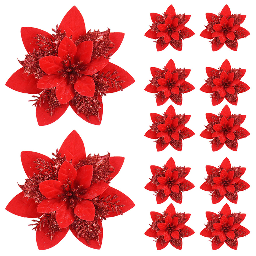 Artificial Flower Ornaments, Glitter Pink Christmas Flowers, Xmas Tree Decoration for Home and New Year
