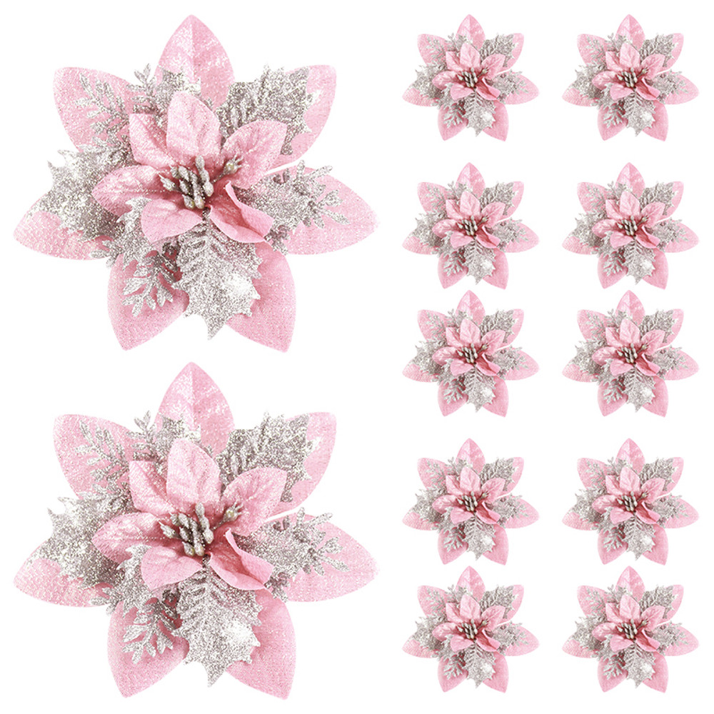 Artificial Flower Ornaments, Glitter Pink Christmas Flowers, Xmas Tree Decoration for Home and New Year