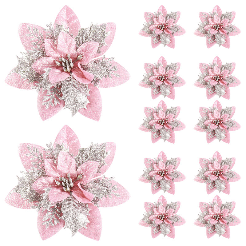 Artificial Flower Ornaments, Glitter Pink Christmas Flowers, Xmas Tree Decoration for Home and New Year