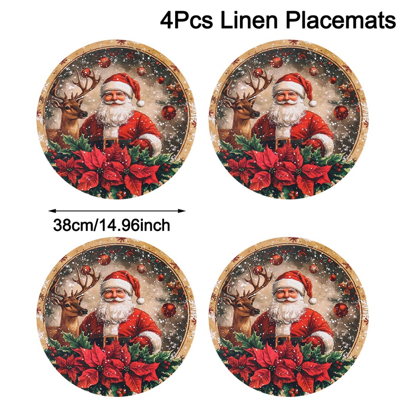 Linen Christmas Santa Snowman Table Mats, Coaster Bowl Pad, Coffee Cup Placemat, Navidad Home Kitchen Decoration