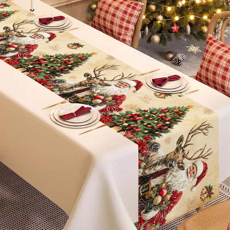 Vintage Christmas Table Runner, Retro Santa Claus Table Cover, Christmas Decorations For Home, Navidad Noel Gifts