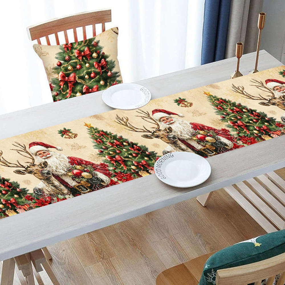 Vintage Christmas Table Runner, Retro Santa Claus Table Cover, Christmas Decorations For Home, Navidad Noel Gifts