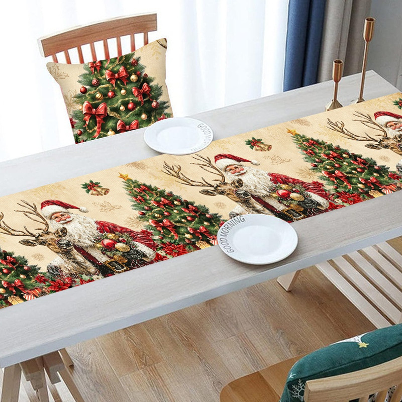 Vintage Christmas Table Runner, Retro Santa Claus Table Cover, Christmas Decorations For Home, Navidad Noel Gifts