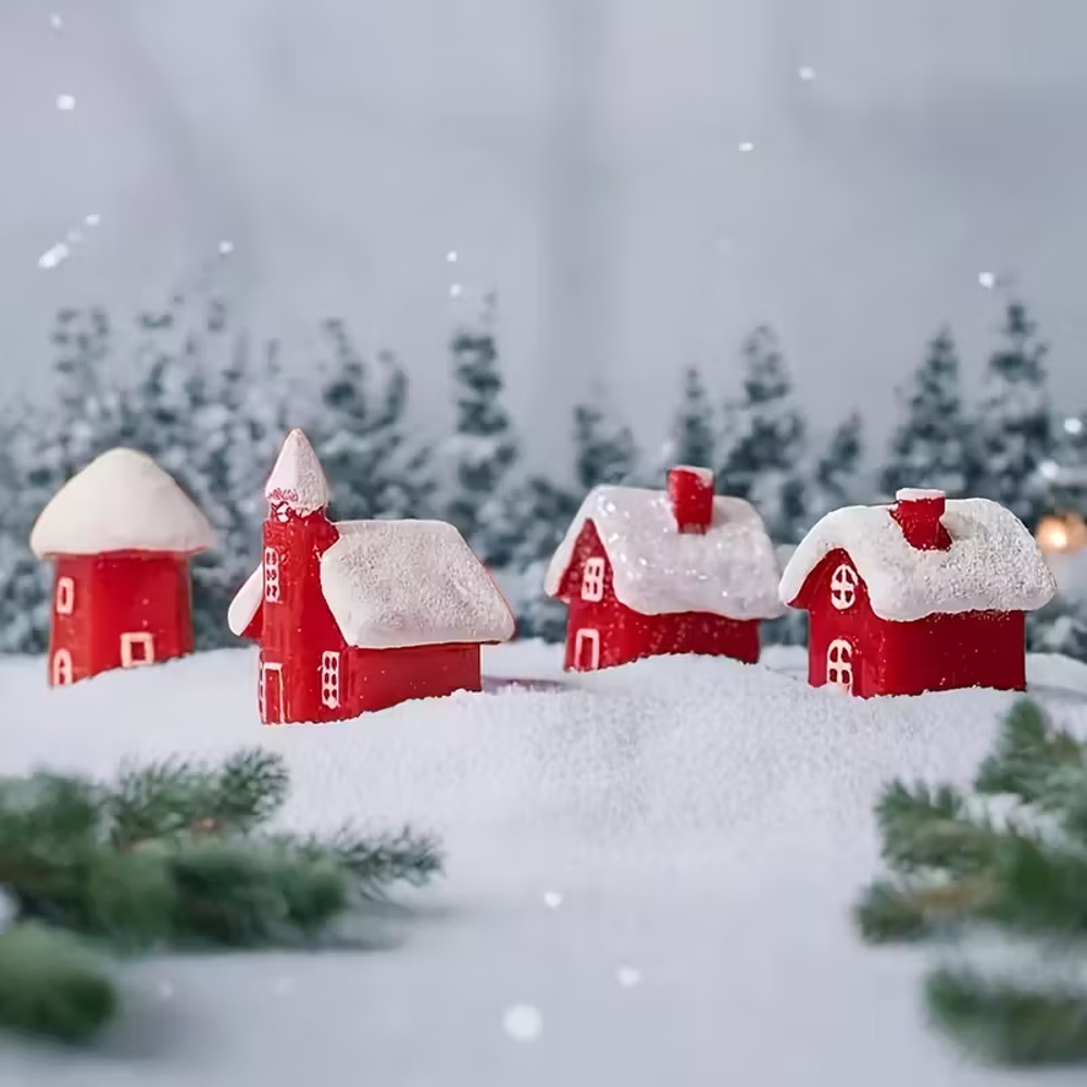 Resin Miniature Red House Christmas Home Decoration Winter Village Snowy House Christmas Ornament N 1
