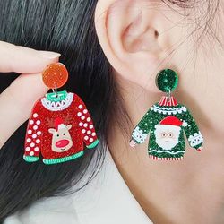 santa claus cartoon earrings for women, acrylic sweater shaped christmas earrings, snowflakes earrings