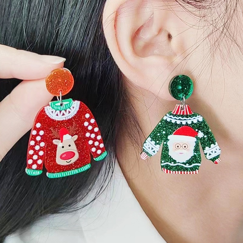 Santa Claus Cartoon Earrings For Women Acrylic Sweater Shaped Christmas Earrings Snowflakes Earring 0