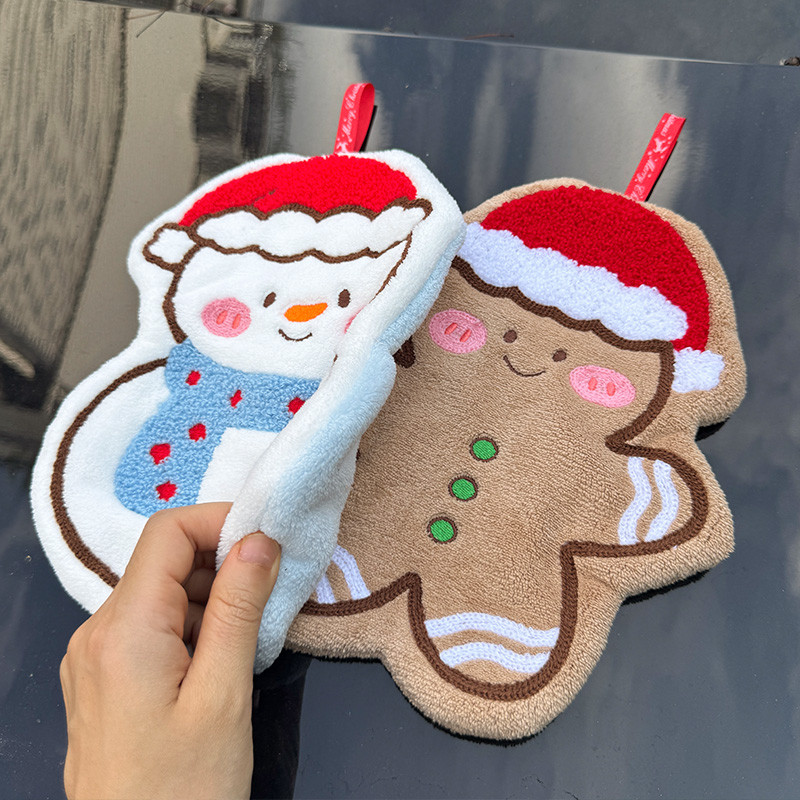 Coral Fleece Christmas Hand Towels Gingerbread Man Snowman Tree Design Cartoon Style Home Kitchen B 4