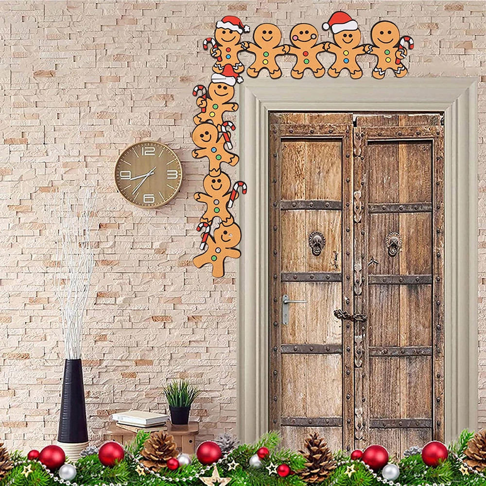 Christmas Door Gingerbread Man Wooden Corner Decoration Santa Hats And Cane Festive Home Xmas Party 2
