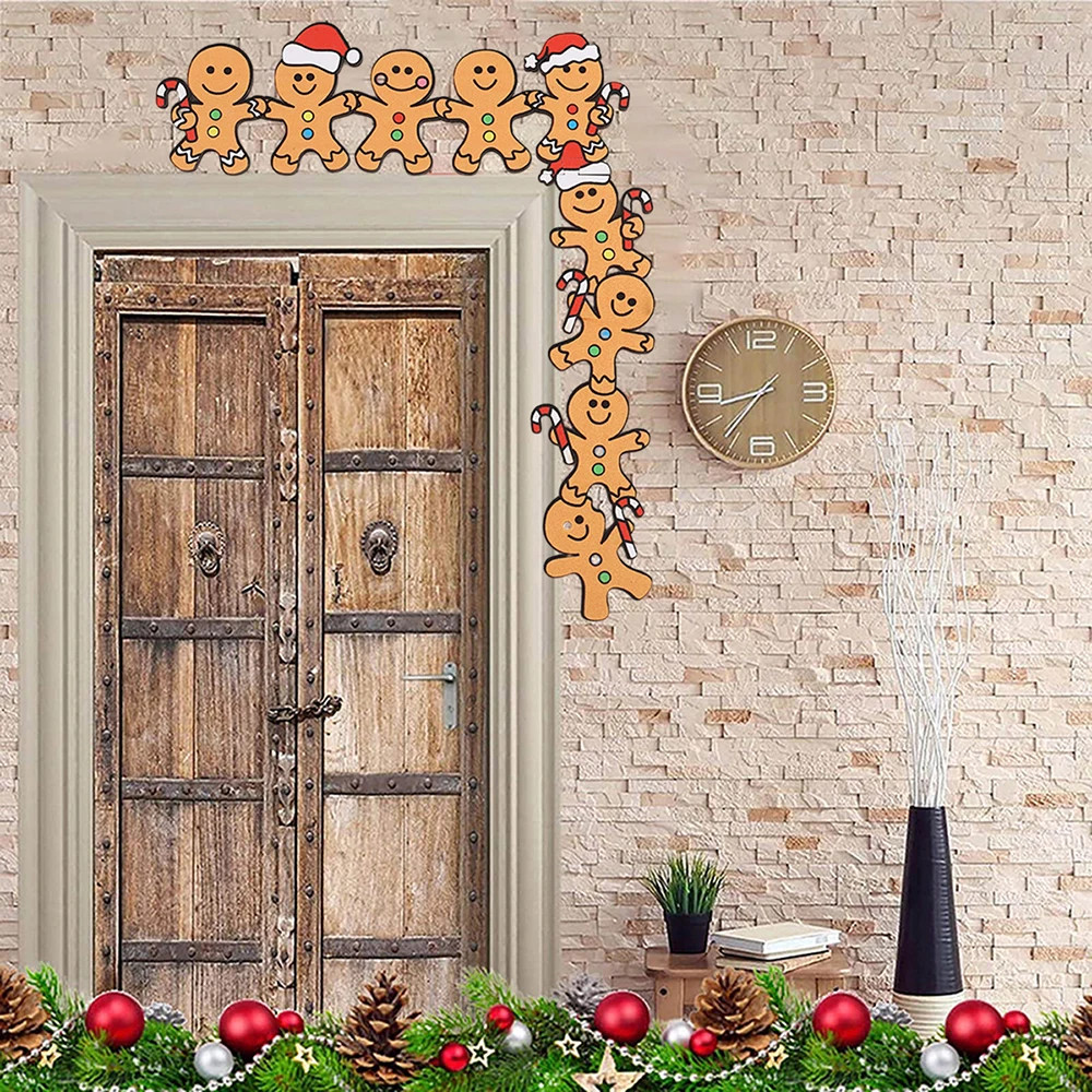 Christmas Door Gingerbread Man Wooden Corner Decoration Santa Hats And Cane Festive Home Xmas Party 3