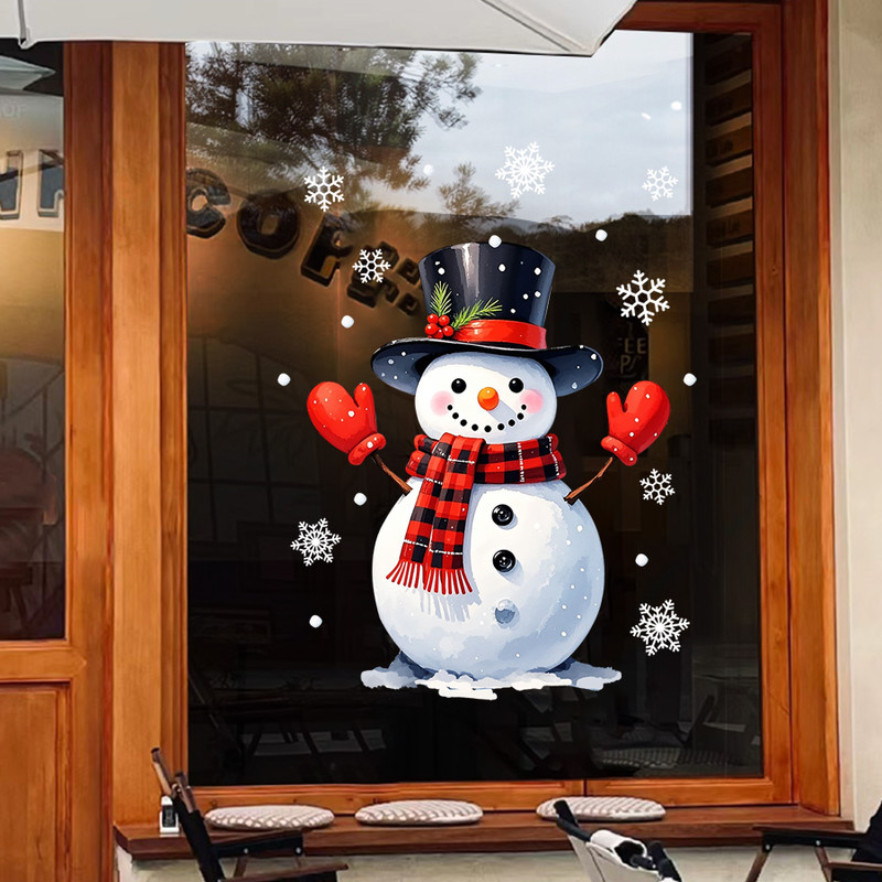 Static Cling Sticker Christmas Window Sticker Glass Sticker With Snowman White Snowflakes Christmas