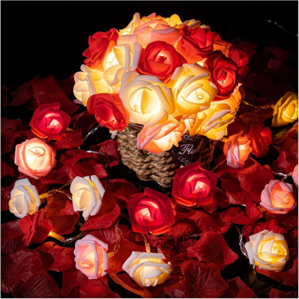 Romantic Red Pink White Rose Lights, Artificial Flowers Led Lamp, Rose Flower String Lights Battery Operated for Bedroom