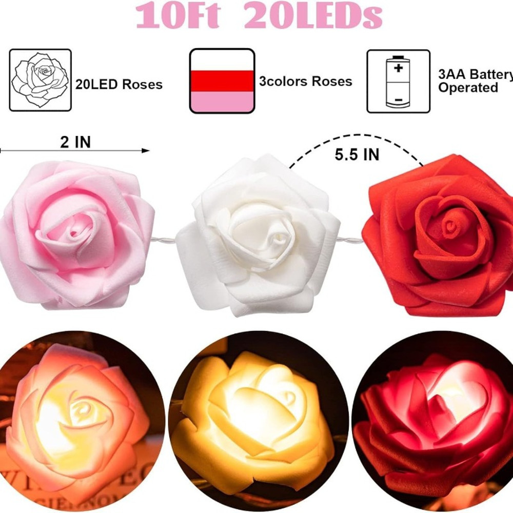 Romantic Red Pink White Rose Lights, Artificial Flowers Led Lamp, Rose Flower String Lights Battery Operated for Bedroom