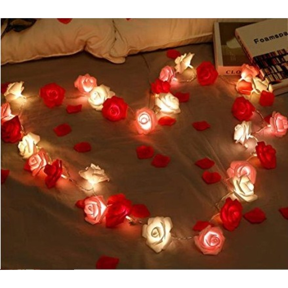 Romantic Red Pink White Rose Lights, Artificial Flowers Led Lamp, Rose Flower String Lights Battery Operated for Bedroom