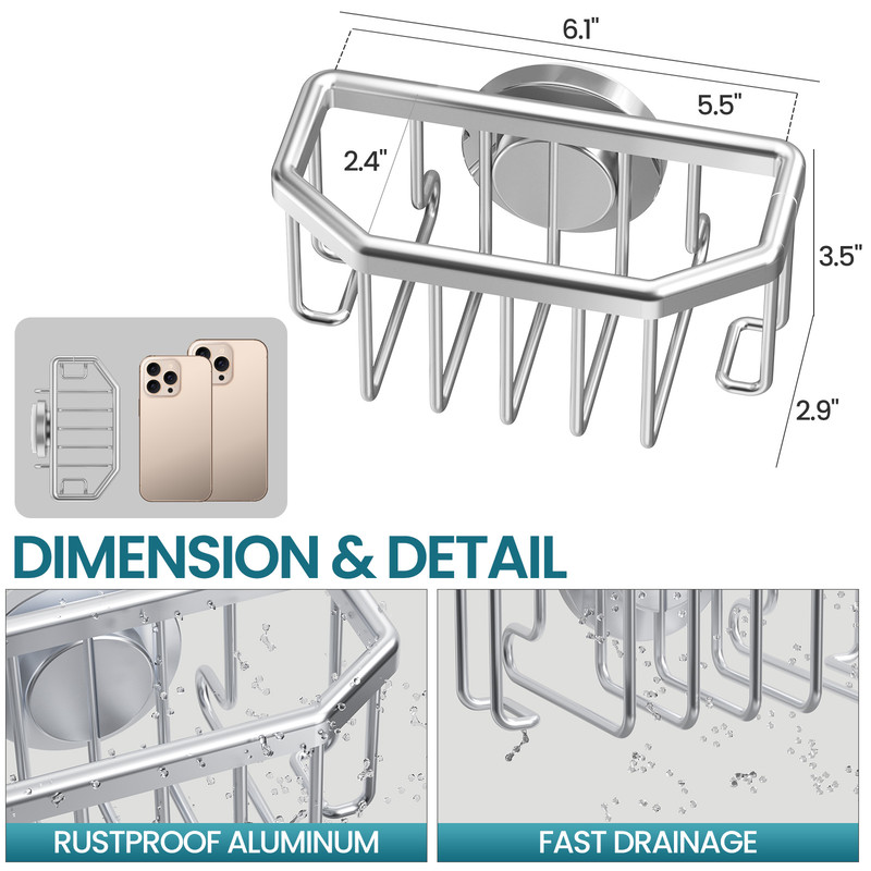 Rustproof Aluminum Sink Caddy Strong Suction Cup Removable Sponge Holder For Kitchen Sink Brush Org 5