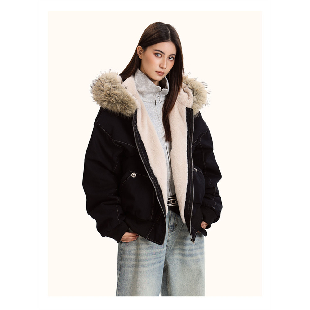Fur Collar Hooded Parkas, Thicken Padded Jackets, Gothic Women&Men Winter Coats, Casual Zipper Streetwear
