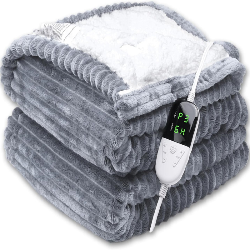 Electric Heating Blanket with Stripesd Flannel, 6-Speed Temperature Control and 5-Speed Timed Shutdown