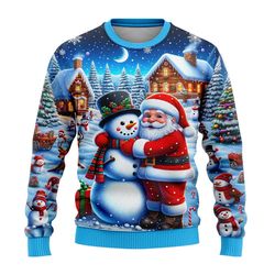 christmas snowman santa printed, men women xmas sweatshirt, unisex pullover holiday party christmas sweater