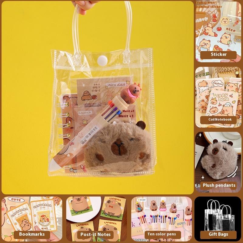 Capybara Stationery Set Kawaii Pen Stickers Notebook Handbag Set Plush Pendants Birthday Gifts 3